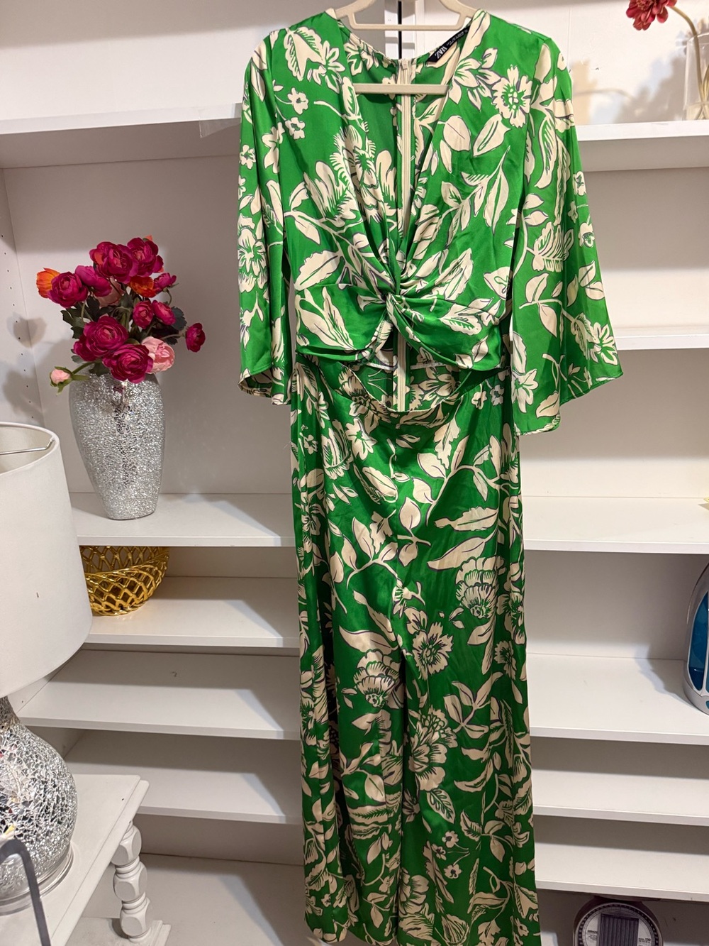 ZARA Green Print Wide Leg Jumpsuit Lg - Picture 2 of 6